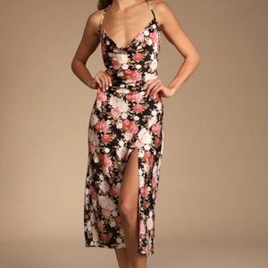 Lulus Moment Of Chic Black Floral Print Satin Lace-up Midi Dress - Size XS